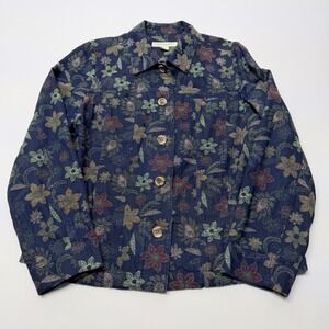 Appleseed's Womens Small Navy Blue Floral Tapestry Cotton Button Jacket
